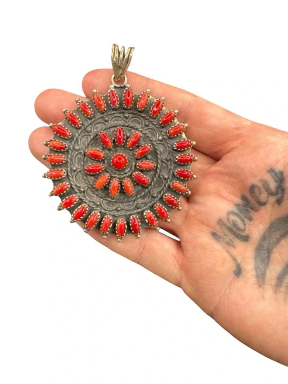 Vintage Zuni Sterling Silver Zuni Petit Point Blood Ox Coral Pendant 38.5 grams